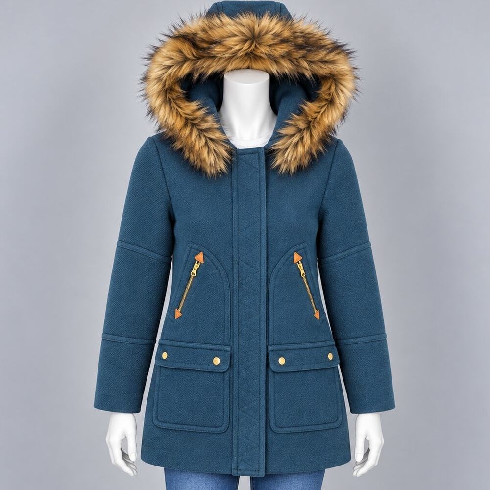 J. Crew Chateau Stadium Cloth Nello Gori Wool Coat Sz 0P Midnight Green Faux Fur